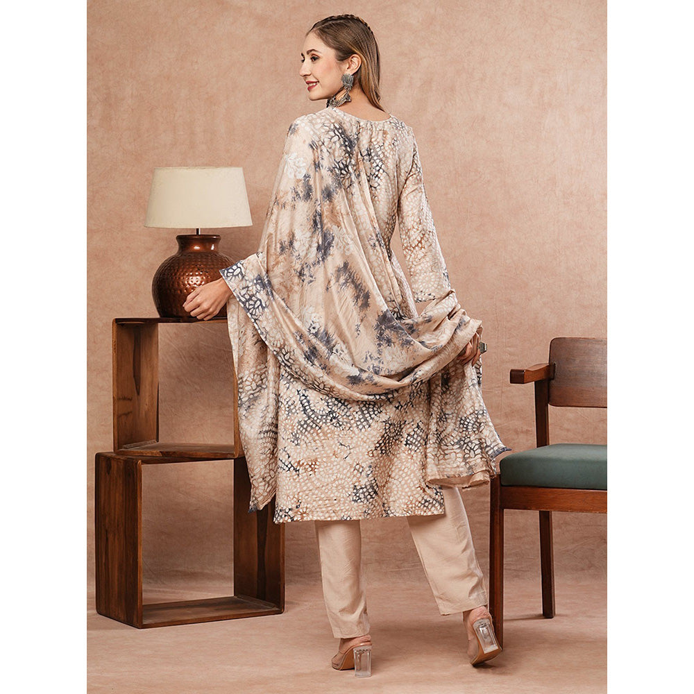 FASHOR Lace Printed Kurta With Pant & Dupatta - Beige (Set of 3)