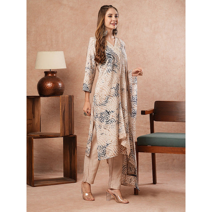 FASHOR Lace Printed Kurta With Pant & Dupatta - Beige (Set of 3)