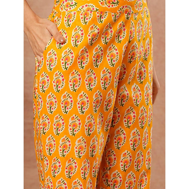 FASHOR Ethnic Sequence Floral Print Kurta With Pant - Yellow (Set of 2)