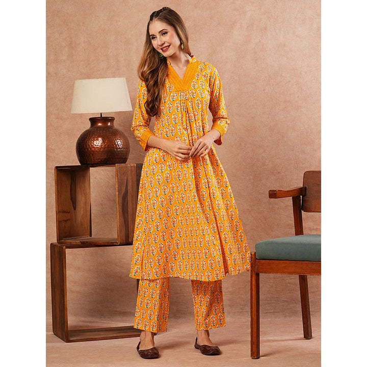 FASHOR Ethnic Sequence Floral Print Kurta With Pant - Yellow (Set of 2)