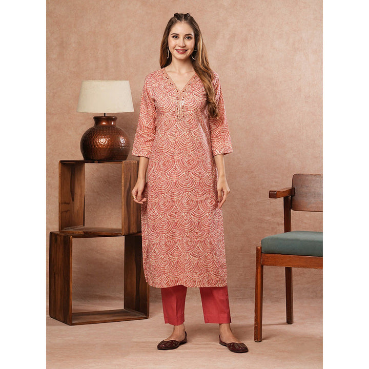 FASHOR Printed Mirror Work Kurta With Pants - Coral (Set of 2)