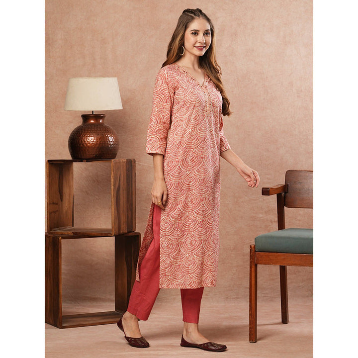 FASHOR Printed Mirror Work Kurta With Pants - Coral (Set of 2)