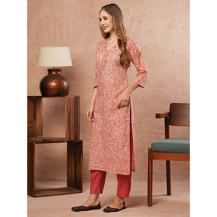 FASHOR Printed Mirror Work Kurta With Pants - Coral (Set of 2)