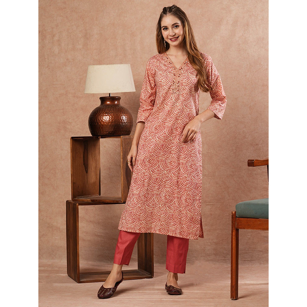 FASHOR Printed Mirror Work Kurta With Pants - Coral (Set of 2)