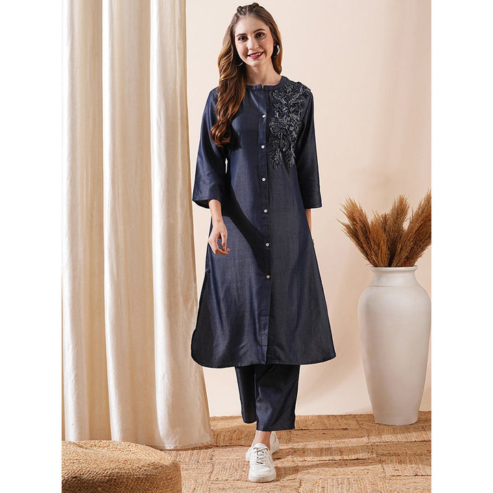 FASHOR Embroidered Navy Blue Kurta With Pant (Set of 2)