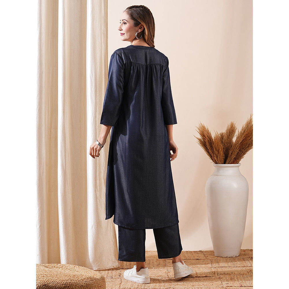 FASHOR Embroidered Navy Blue Kurta With Pant (Set of 2)