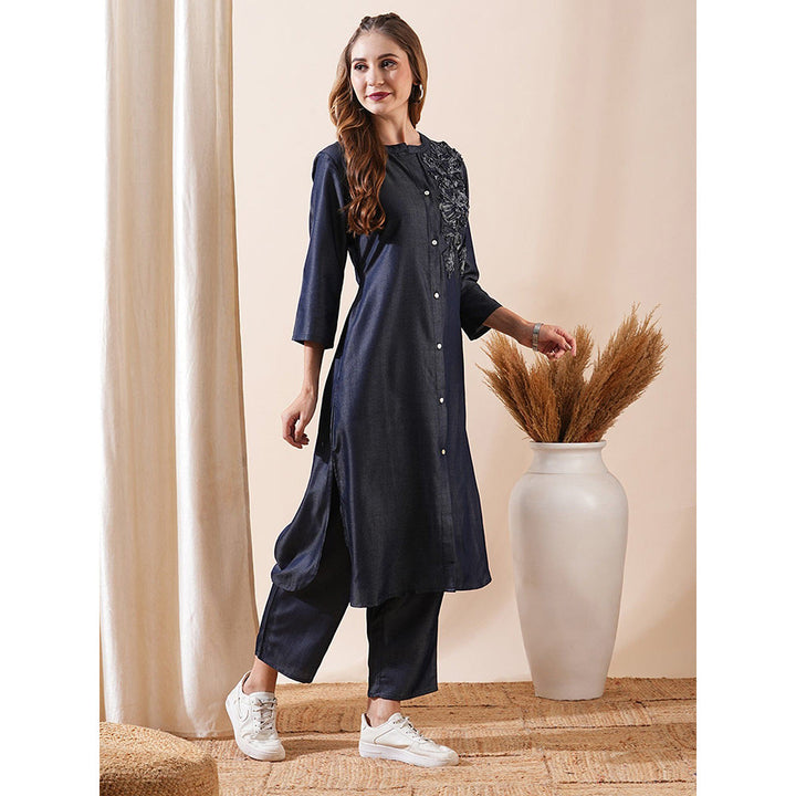 FASHOR Embroidered Navy Blue Kurta With Pant (Set of 2)