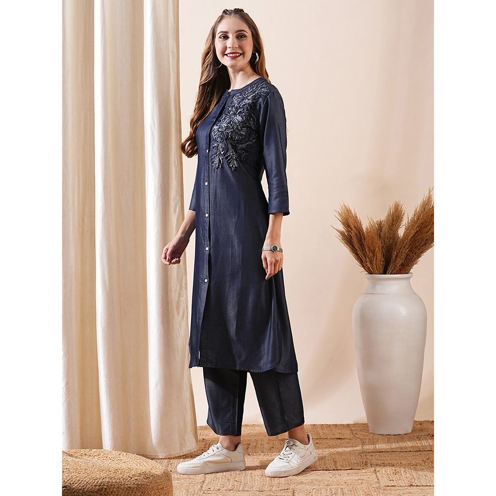 FASHOR Embroidered Navy Blue Kurta With Pant (Set of 2)