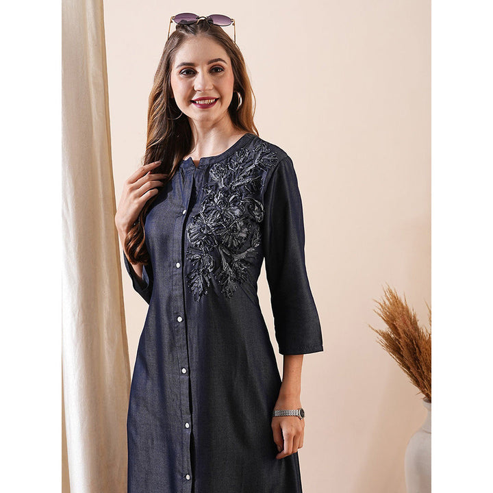 FASHOR Embroidered Navy Blue Kurta With Pant (Set of 2)