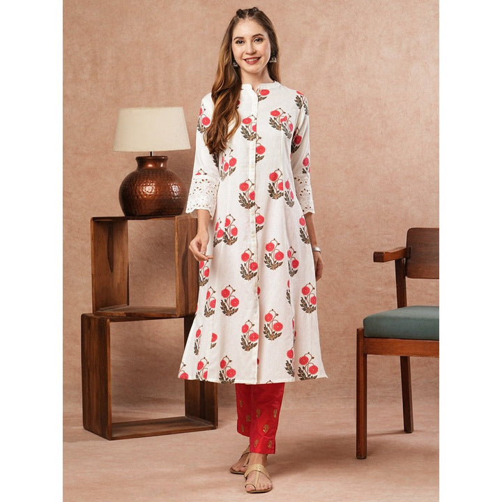 FASHOR Floral Printed Shifali Lace Work White Kurta