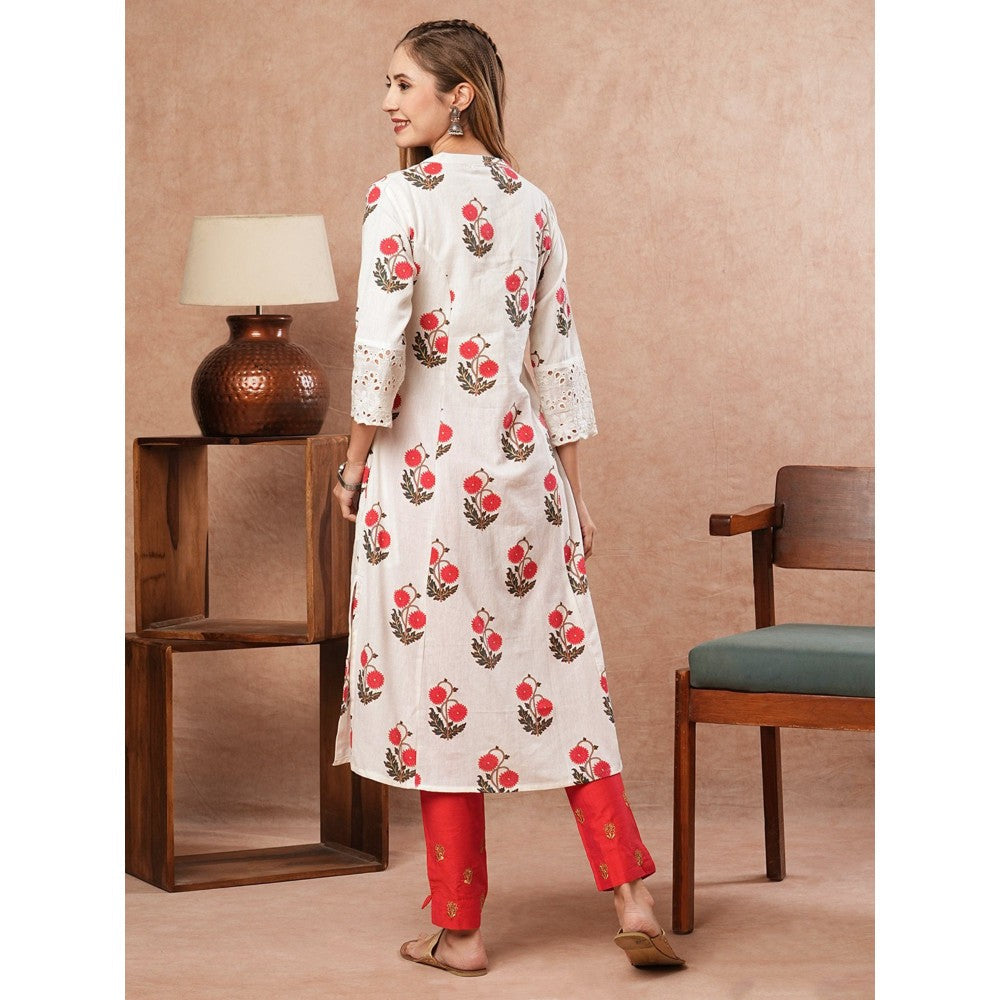 FASHOR Floral Printed Shifali Lace Work White Kurta