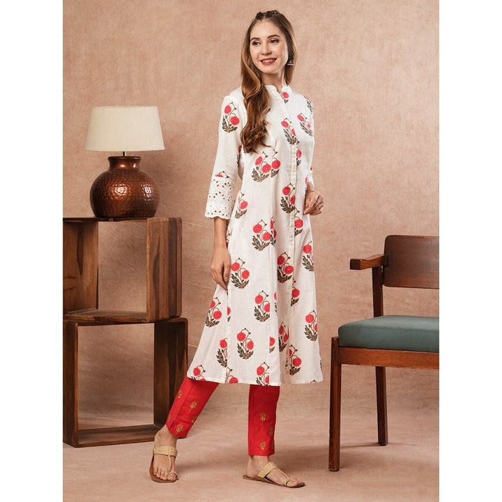 FASHOR Floral Printed Shifali Lace Work White Kurta