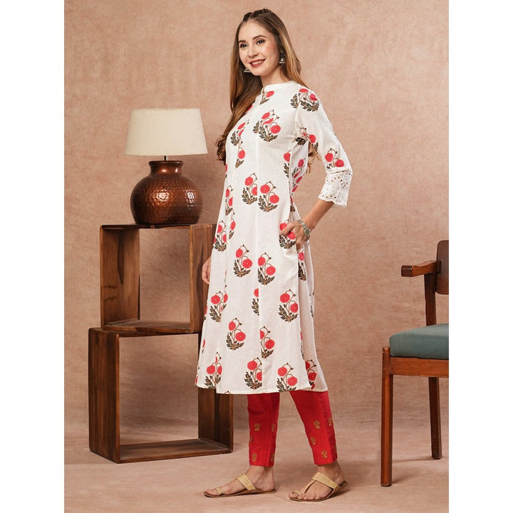 FASHOR Floral Printed Shifali Lace Work White Kurta