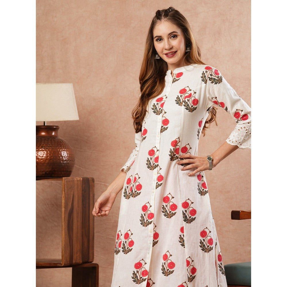 FASHOR Floral Printed Shifali Lace Work White Kurta