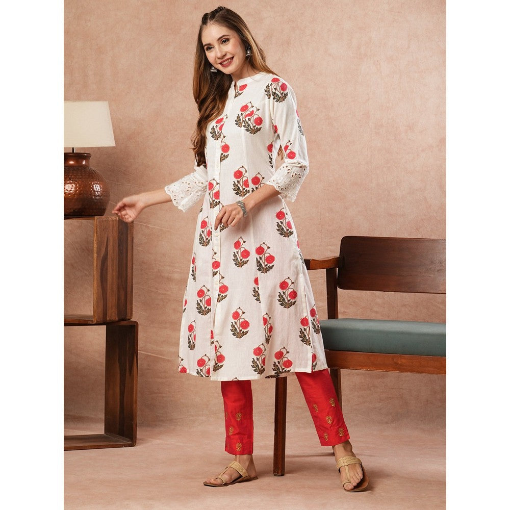 FASHOR Floral Printed Shifali Lace Work White Kurta