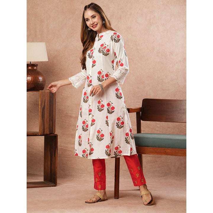 FASHOR Floral Printed Shifali Lace Work White Kurta