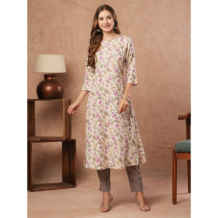 FASHOR Floral Printed Sequins Embellished Kurta - Off White