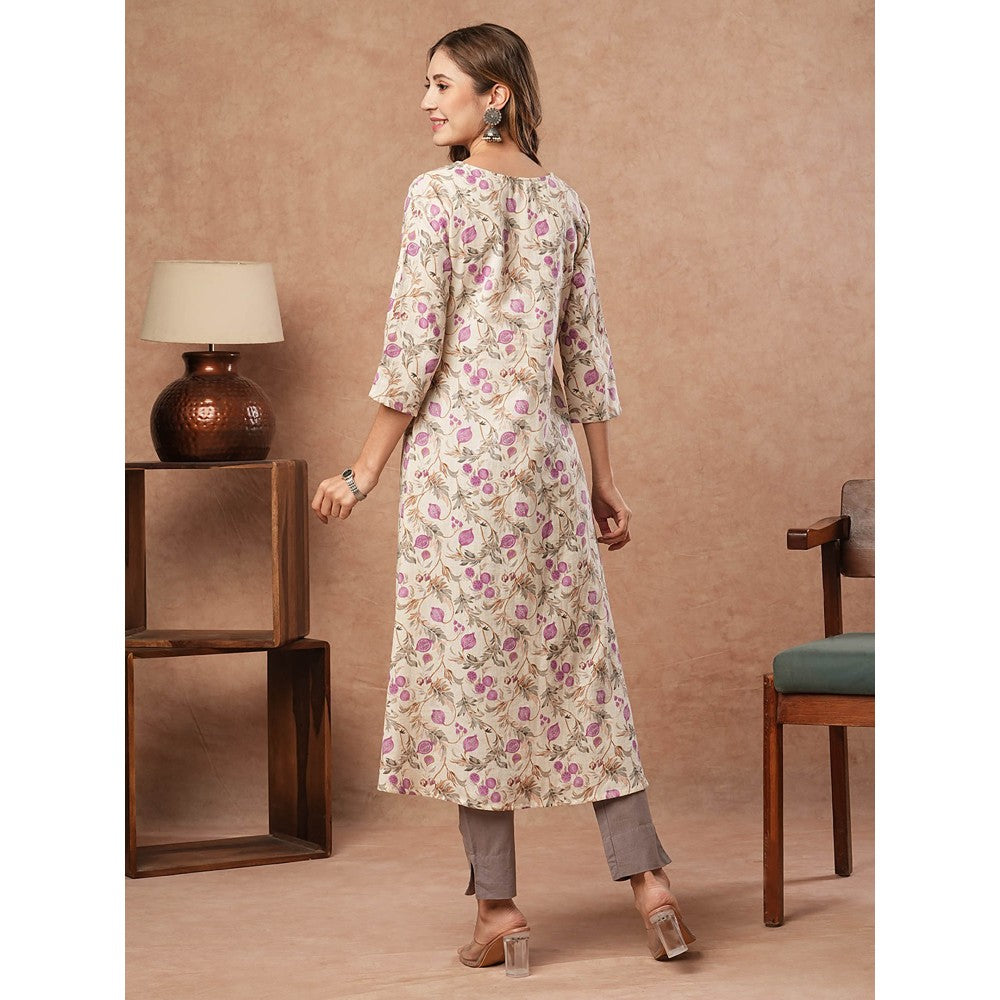 FASHOR Floral Printed Sequins Embellished Kurta - Off White