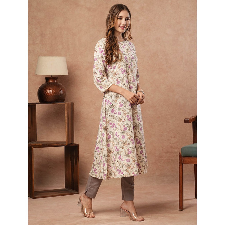 FASHOR Floral Printed Sequins Embellished Kurta - Off White