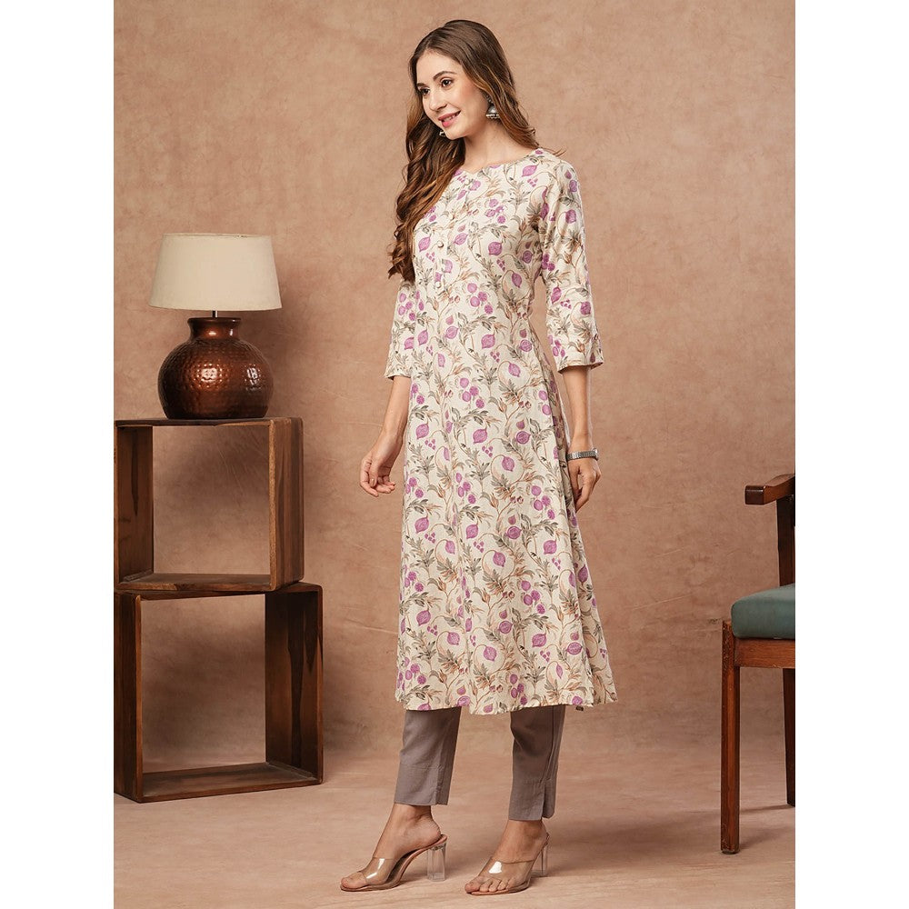 FASHOR Floral Printed Sequins Embellished Kurta - Off White