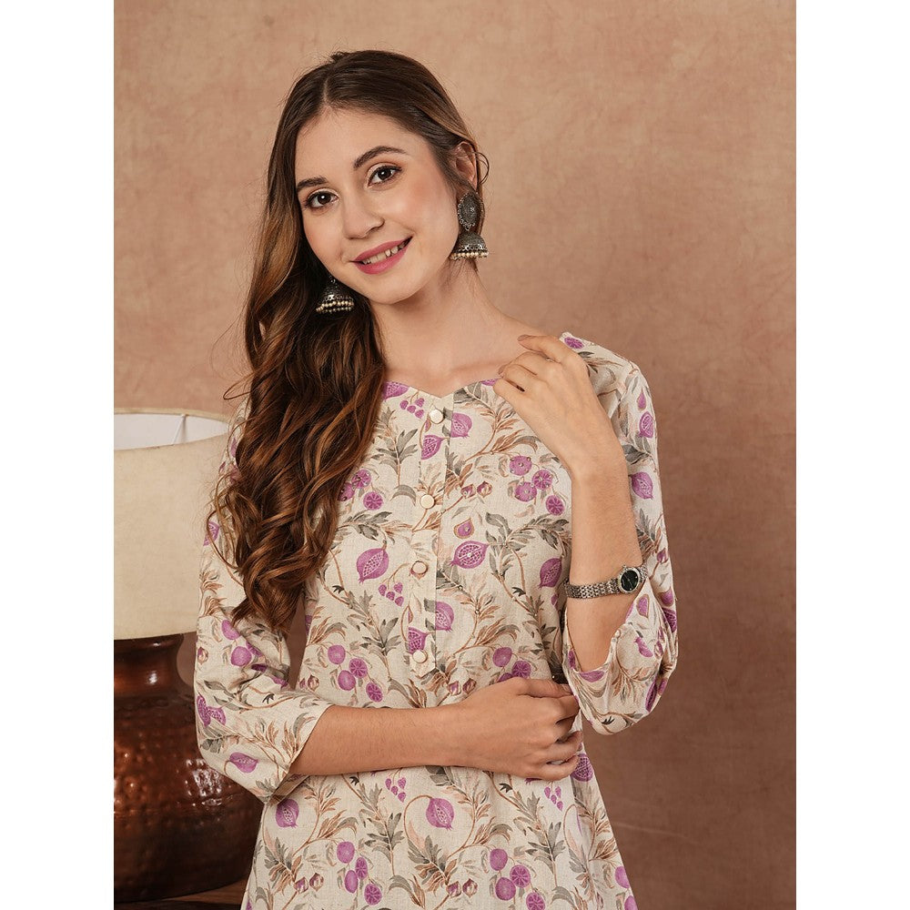 FASHOR Floral Printed Sequins Embellished Kurta - Off White