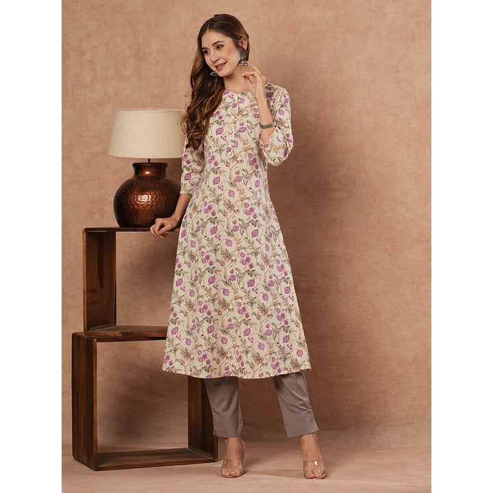 FASHOR Floral Printed Sequins Embellished Kurta - Off White