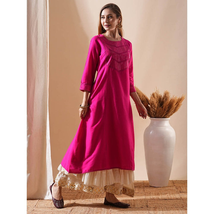 FASHOR Sequin Embroidered Panelled Kurta - Pink