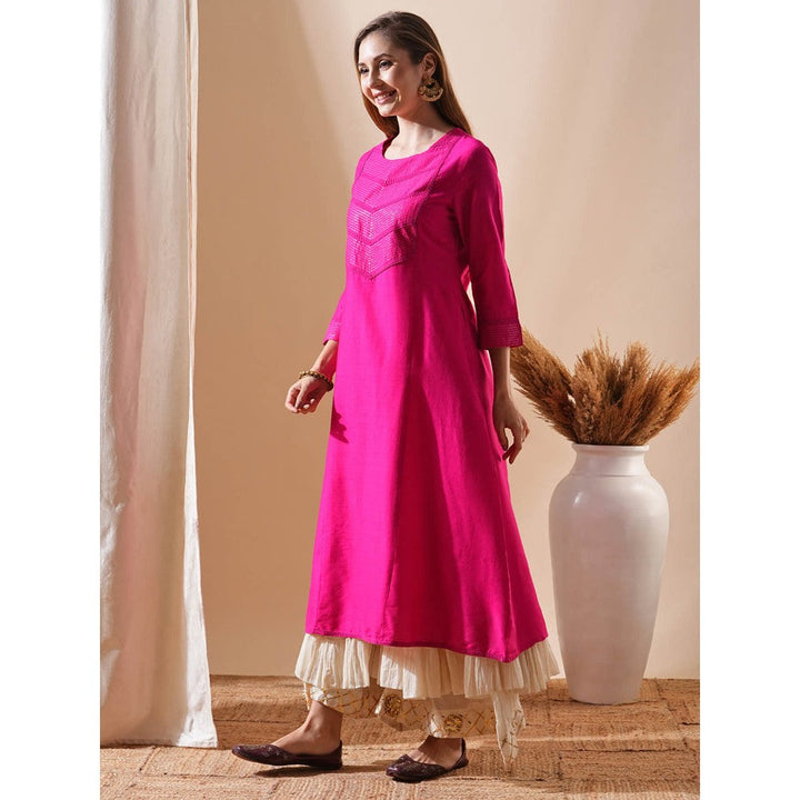 FASHOR Sequin Embroidered Panelled Kurta - Pink