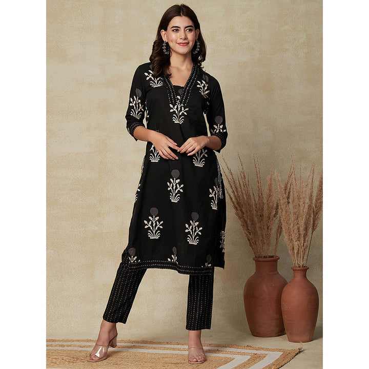 FASHOR Floral Printed Kurta With Pant - Black (Set of 2)