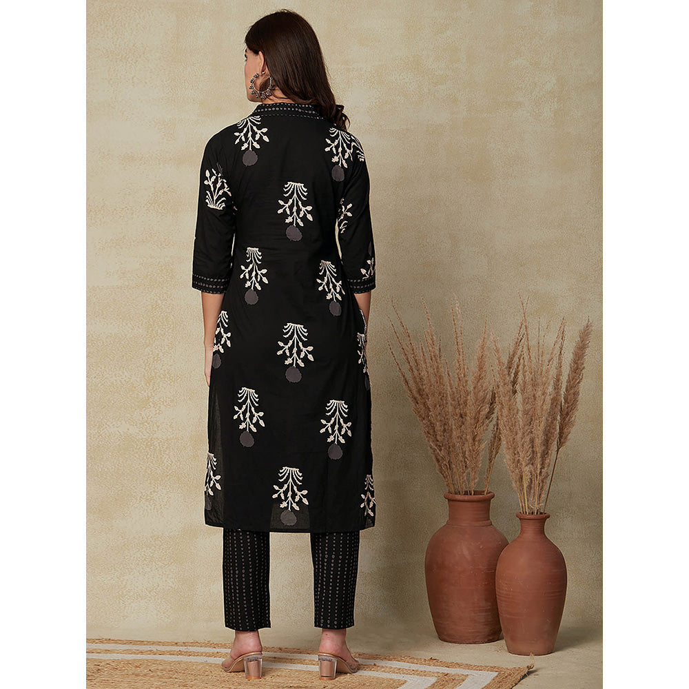 FASHOR Floral Printed Kurta With Pant - Black (Set of 2)