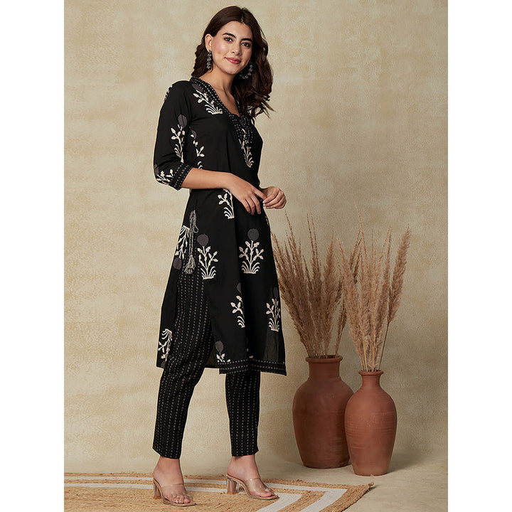 FASHOR Floral Printed Kurta With Pant - Black (Set of 2)