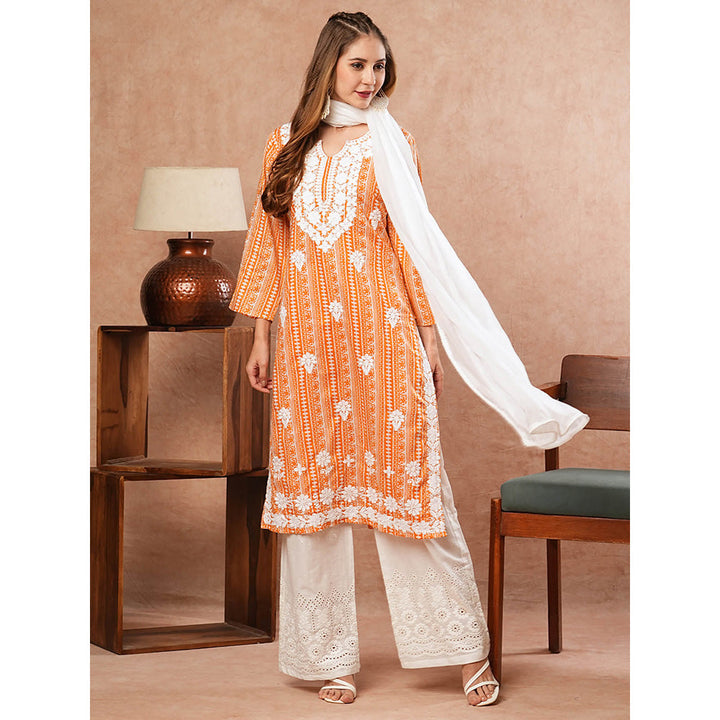 FASHOR Ethnic Printed Kurta With Palazzo & Dupatta - Orange (Set of 3)