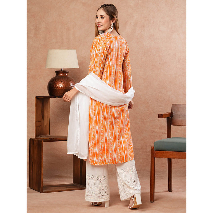 FASHOR Ethnic Printed Kurta With Palazzo & Dupatta - Orange (Set of 3)