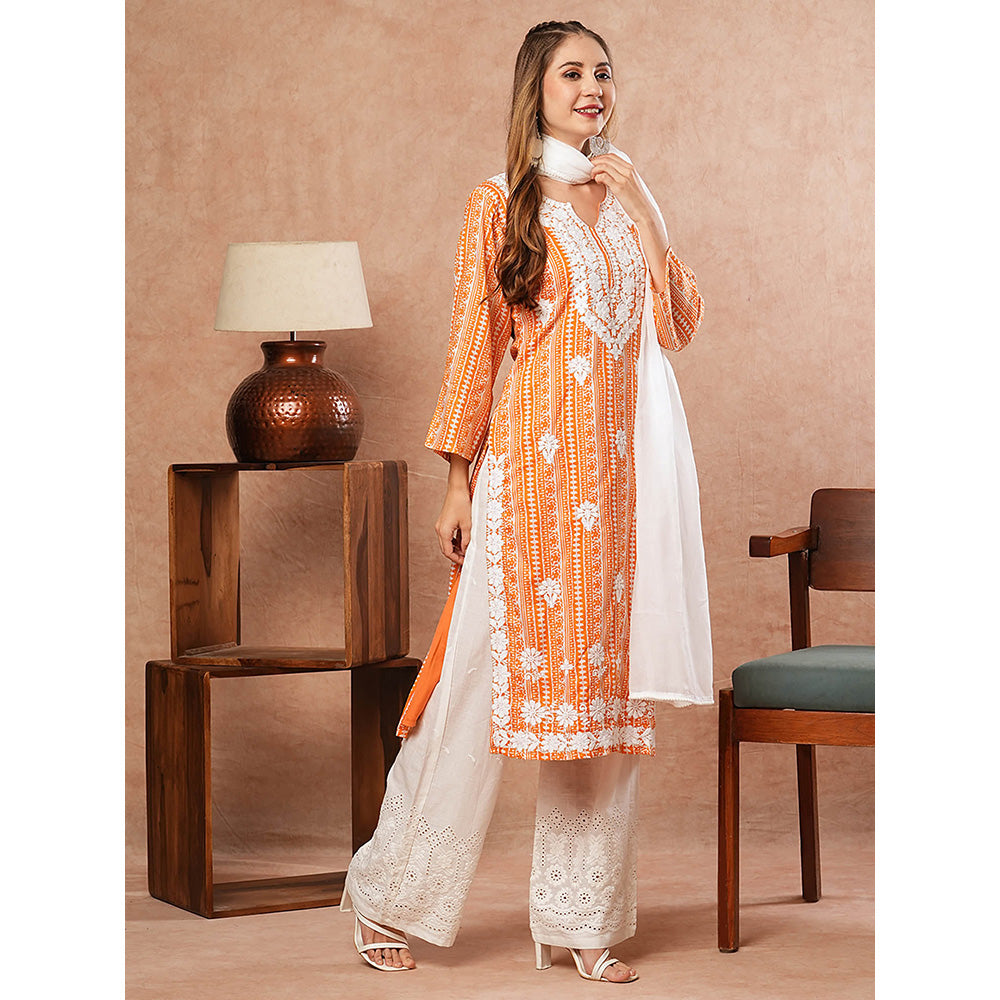 FASHOR Ethnic Printed Kurta With Palazzo & Dupatta - Orange (Set of 3)