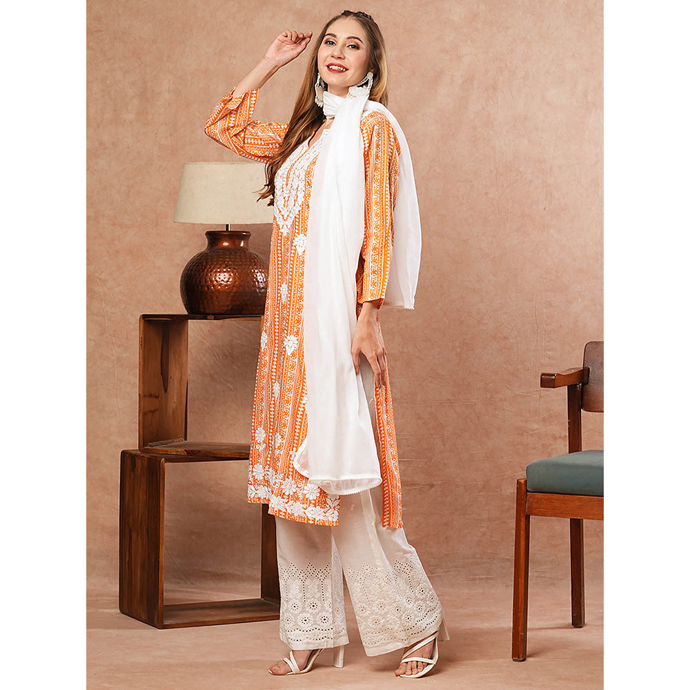 FASHOR Ethnic Printed Kurta With Palazzo & Dupatta - Orange (Set of 3)