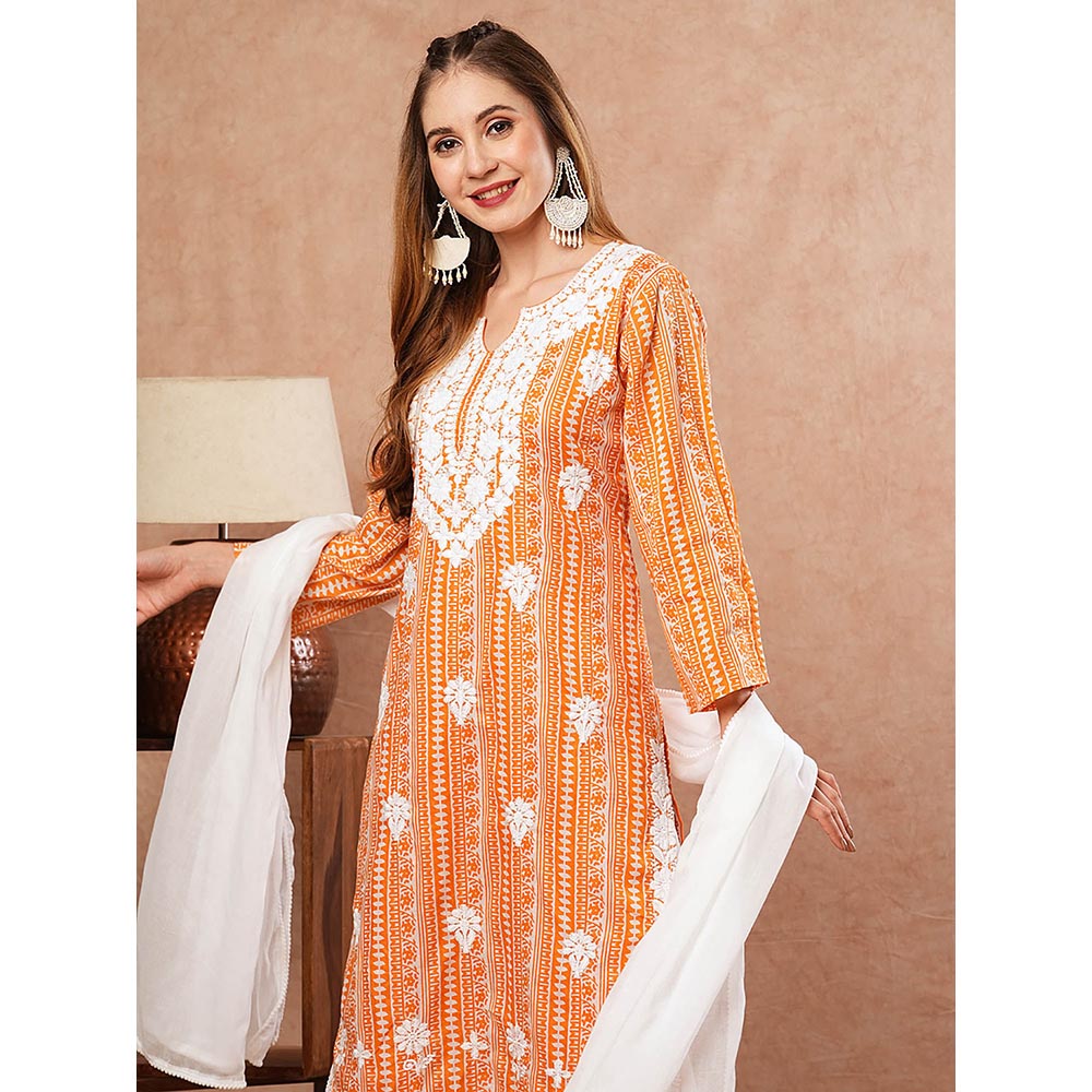 FASHOR Ethnic Printed Kurta With Palazzo & Dupatta - Orange (Set of 3)