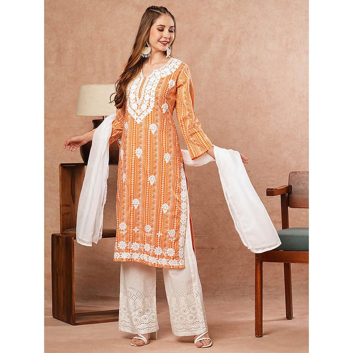 FASHOR Ethnic Printed Kurta With Palazzo & Dupatta - Orange (Set of 3)