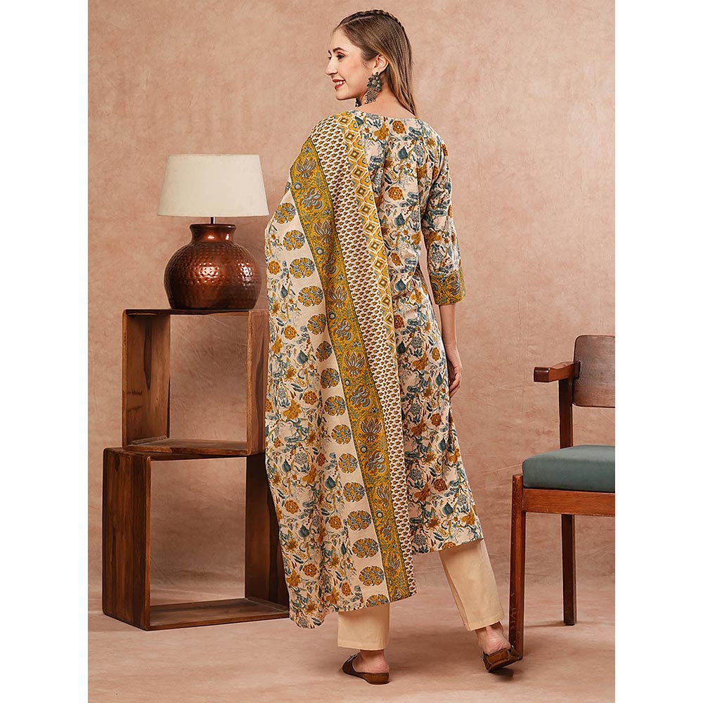 FASHOR Floral Printed Kurta With Pant & Dupatta - Multi-Color (Set of 3)