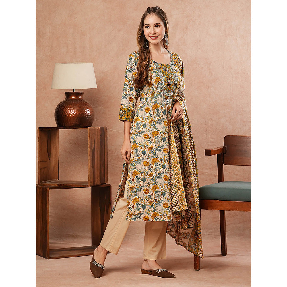 FASHOR Floral Printed Kurta With Pant & Dupatta - Multi-Color (Set of 3)