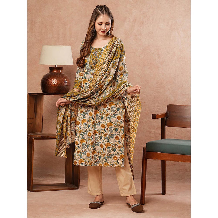 FASHOR Floral Printed Kurta With Pant & Dupatta - Multi-Color (Set of 3)