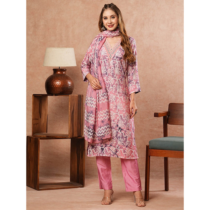 FASHOR Abstract Floral Printed Kurta With Pant & Dupatta - Pink (Set of 3)