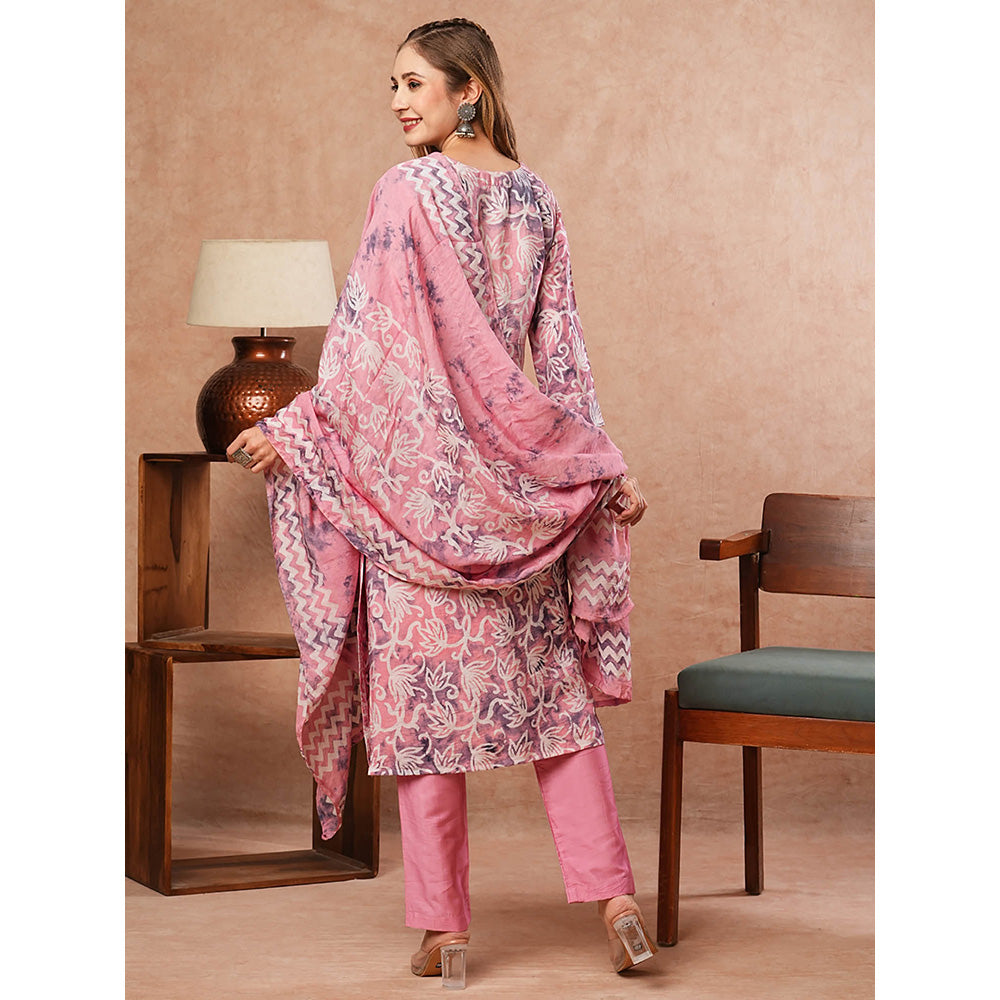 FASHOR Abstract Floral Printed Kurta With Pant & Dupatta - Pink (Set of 3)