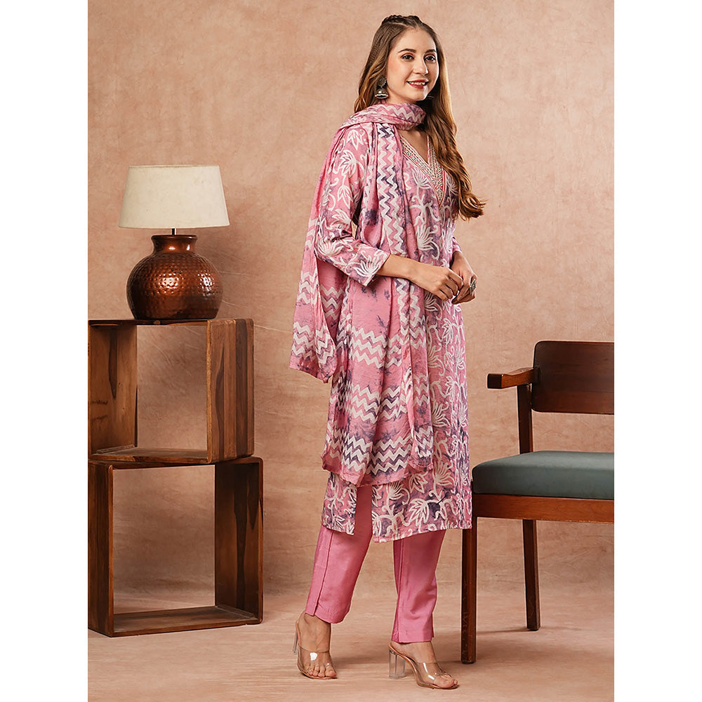 FASHOR Abstract Floral Printed Kurta With Pant & Dupatta - Pink (Set of 3)