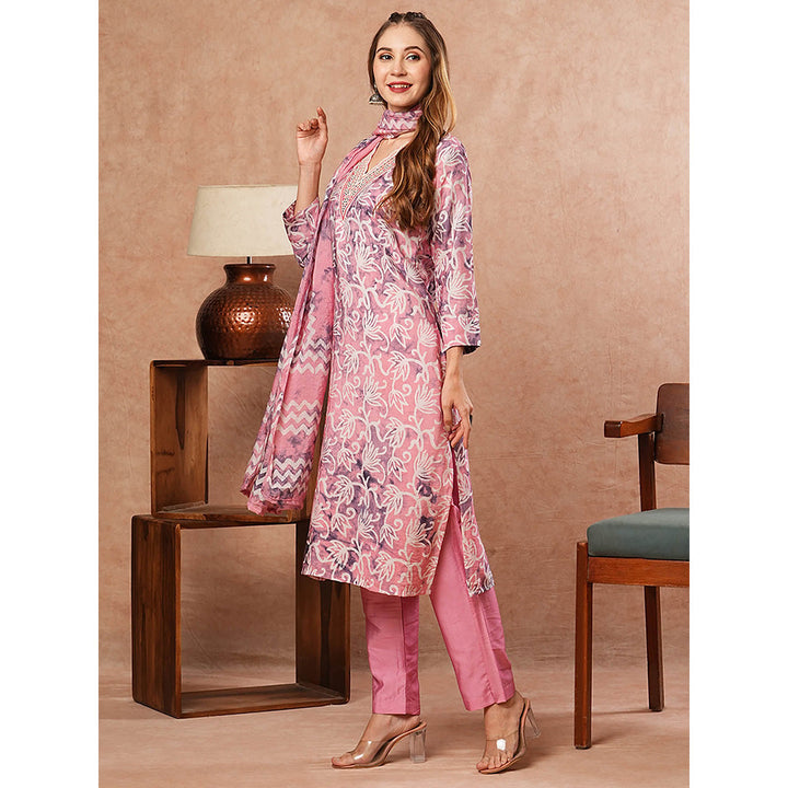 FASHOR Abstract Floral Printed Kurta With Pant & Dupatta - Pink (Set of 3)