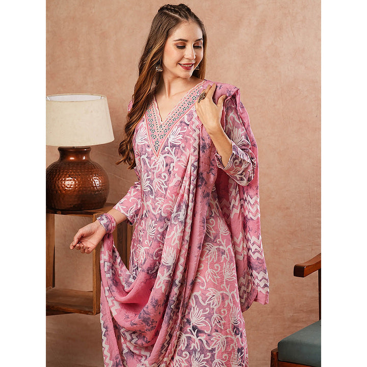 FASHOR Abstract Floral Printed Kurta With Pant & Dupatta - Pink (Set of 3)