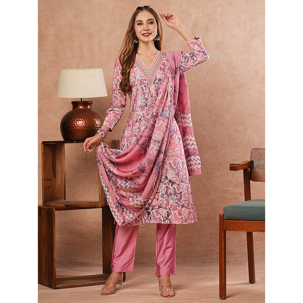 FASHOR Abstract Floral Printed Kurta With Pant & Dupatta - Pink (Set of 3)