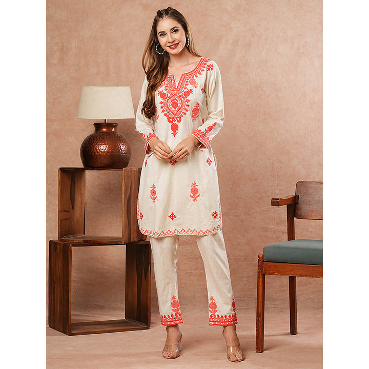 FASHOR Solid Resham Embroidered Co-Ord- Off White (Set of 2)