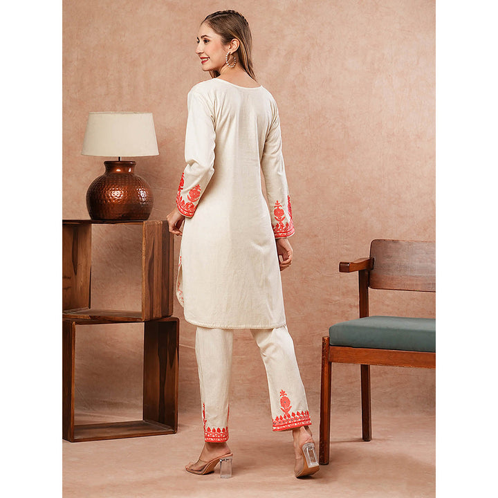 FASHOR Solid Resham Embroidered Co-Ord- Off White (Set of 2)