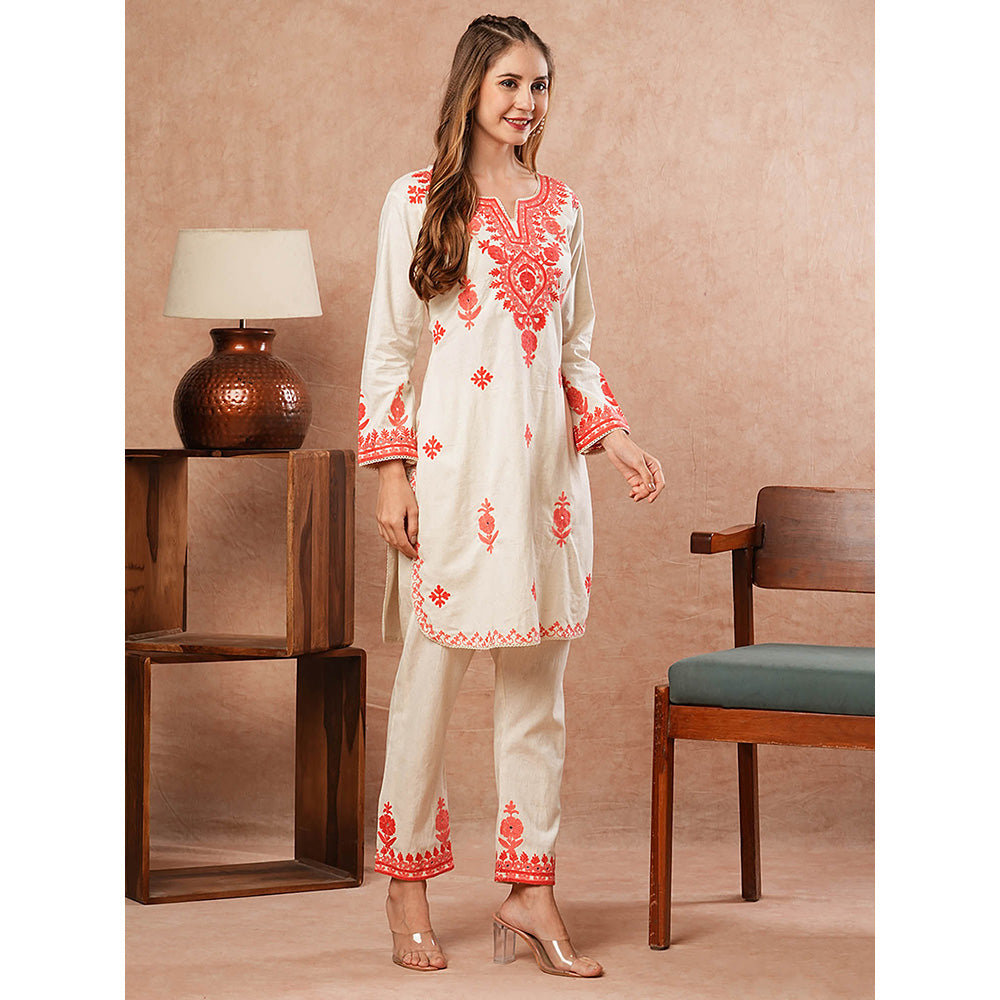 FASHOR Solid Resham Embroidered Co-Ord- Off White (Set of 2)