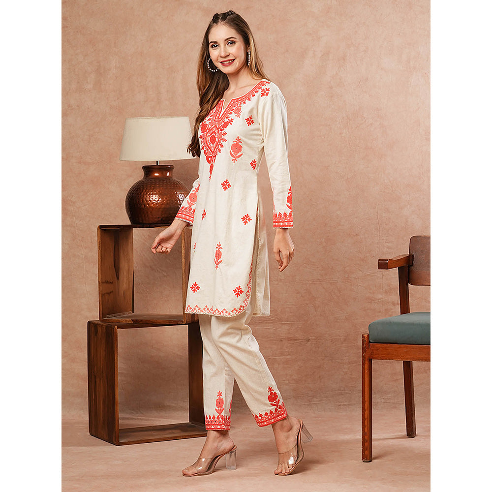 FASHOR Solid Resham Embroidered Co-Ord- Off White (Set of 2)